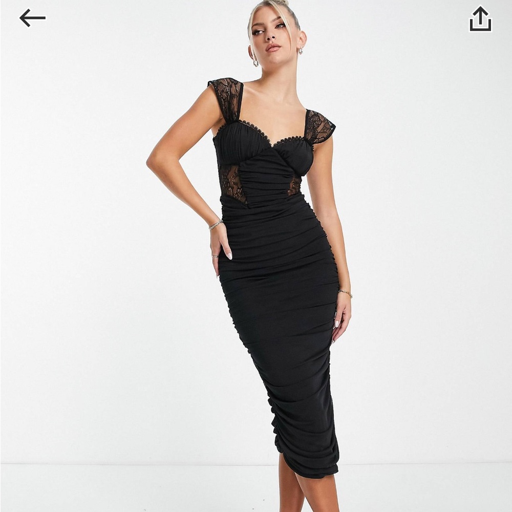 ASOS Design Mesh and Lace Corset Ruched Midi Dress 14